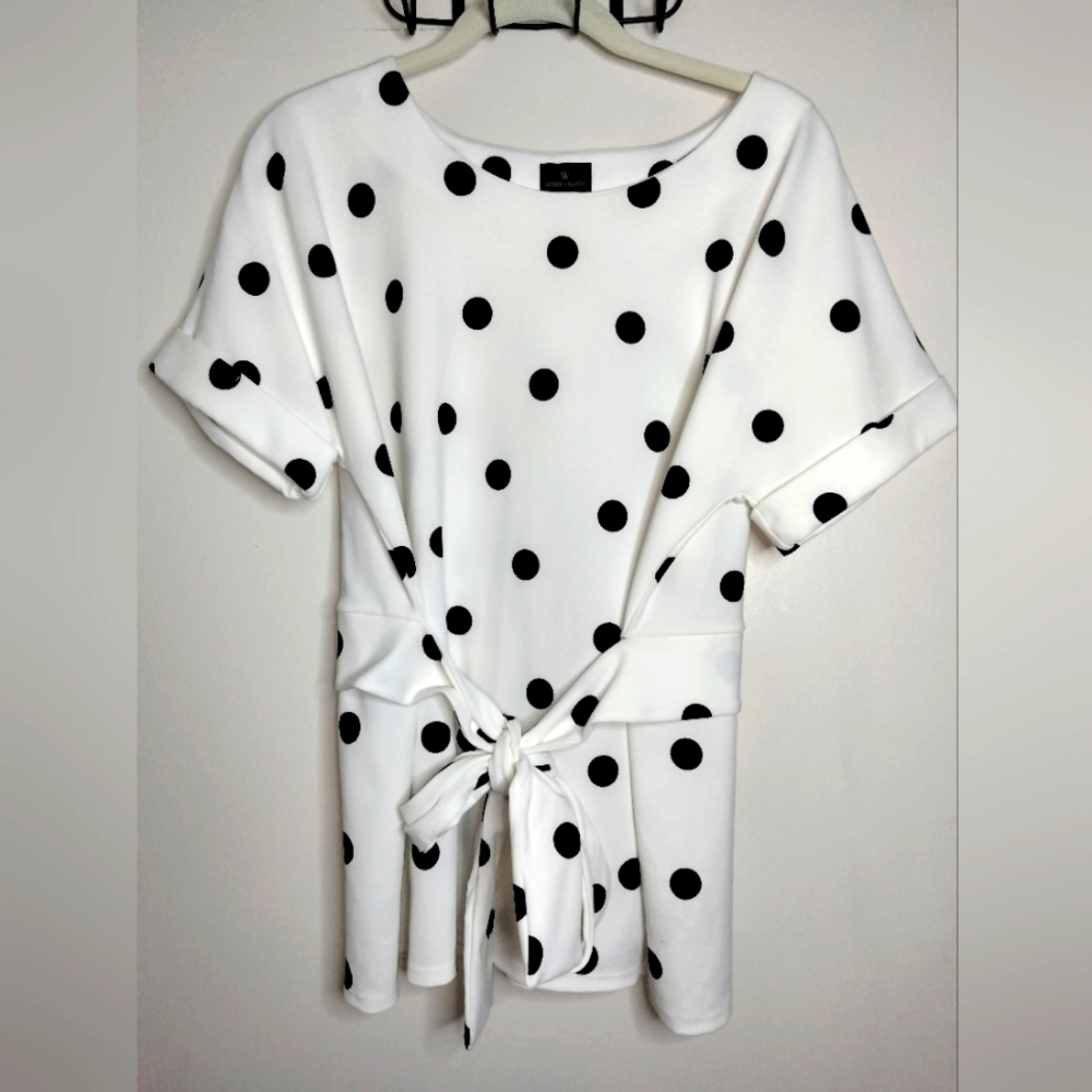 Worthington (Size L) White & Black Polka Dot Stretch SS Tie-Front Top (NEW-NWT)